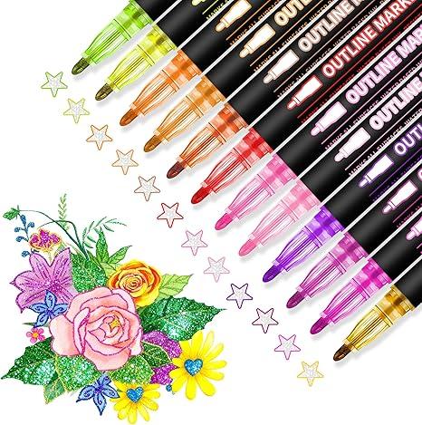 Glitter Markers 24 Colors Double Line Outline, Markers, For Doodling,Painting,Christmas Cards, DIY Craft Projects Art Supplies For Girls Kids Ages 8-12 Glitter Pens For Adults