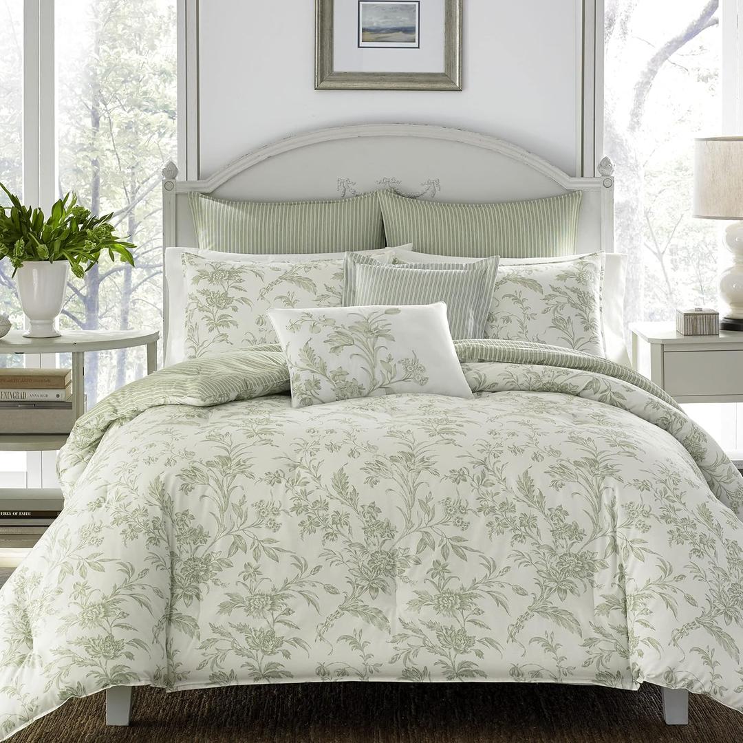 Laura Ashley Home - King Duvet Cover Set, Reversible Cotton Bedding, Includes Matching Shams with Bonus Euro Shams & Throw Pillows (Natalie Green, King) (King (7-Piece))
