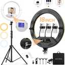 18" Foldable Ring Light with Stand for iPhone ipad, LED Display/2 USB Ports/4 Phone Tablet Holders, 2700-6500K Dimmable Ring Light for Tattoo Barber Makeup Studio Video Recording Photography (Black)