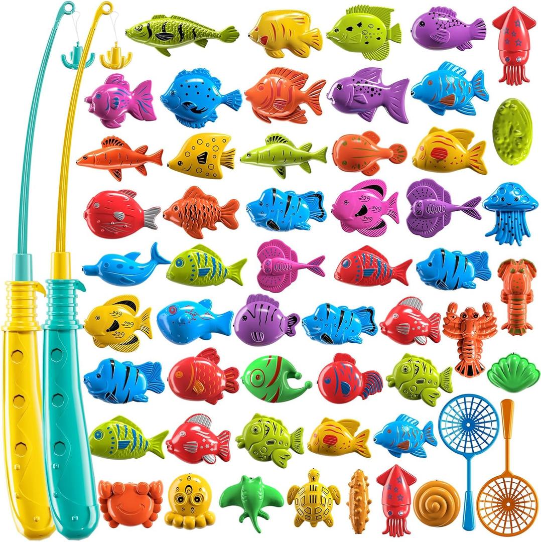 TEMI Fishing Toy Game for Kids 3 4 5 6 7 8 Years Old, 51 Fish Bath Playset for Toddlers, Toy Magnetic Rod and Fishing Net, Outdoor Water Toys for Kids Age 3-5, Party for Boy and Girl