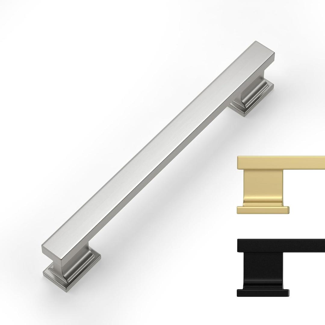 Rergy 10 Pack Brushed Satin Nickel Cabinet Handles, 5 Inch Hole Center Pulls, Kitchen Drawer Pulls and Knobs, Square Hardware for Bathroom Dresser