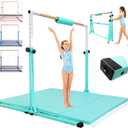 Seliyoo Foldable Gymnastics Bar for Kids Teens Ages 3-18, 5FT/6FT Kip Training Bar -Sturdy Base for Home Training,Adjustable Height 35" to 59" for, 400 LBS Capacity,Anti-Slip Base & Easy Assembly (Three base connections, Fresh Mint- with Mat)