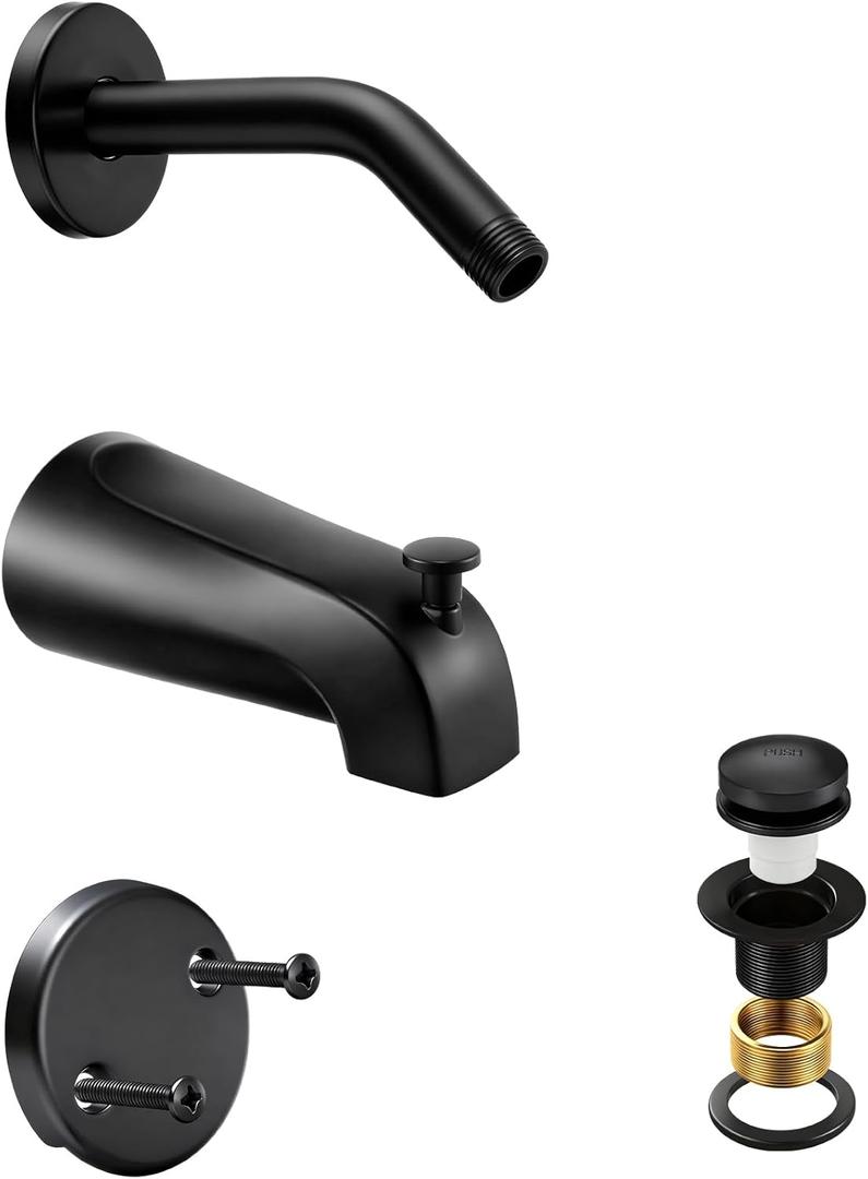3 Piece Bathroom Fixture Set in Matte Black Shower Arm with Flange, Bathtub Drain, and 5-1/4 Inch Tub Spout Complete Upgrade Kit for Modern Bathrooms