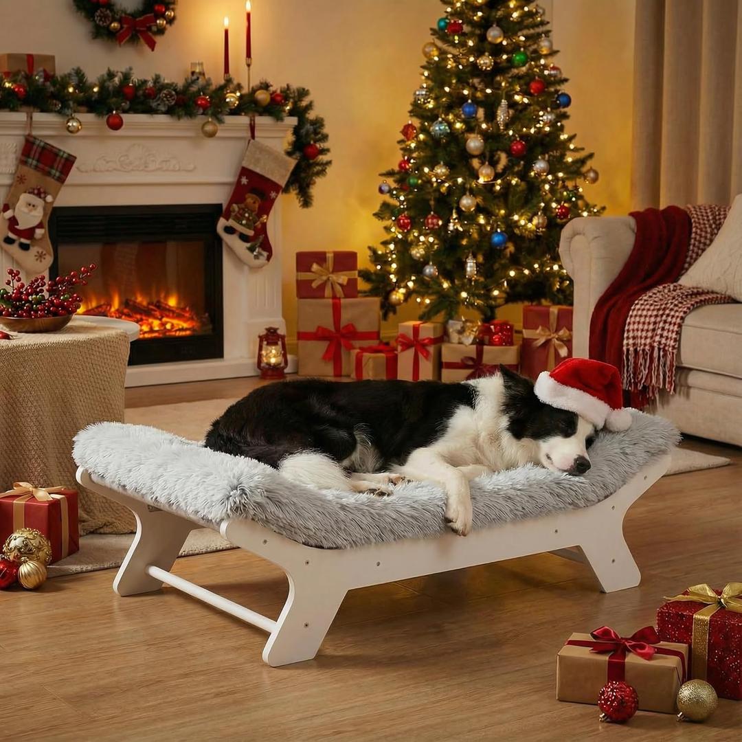 Muihood Elevated Dog Bed Wooden Frame and Mattress with Removable Washable Cover, Egg Crate Foam, Suitable for Pet Up to 50 lbs, White M