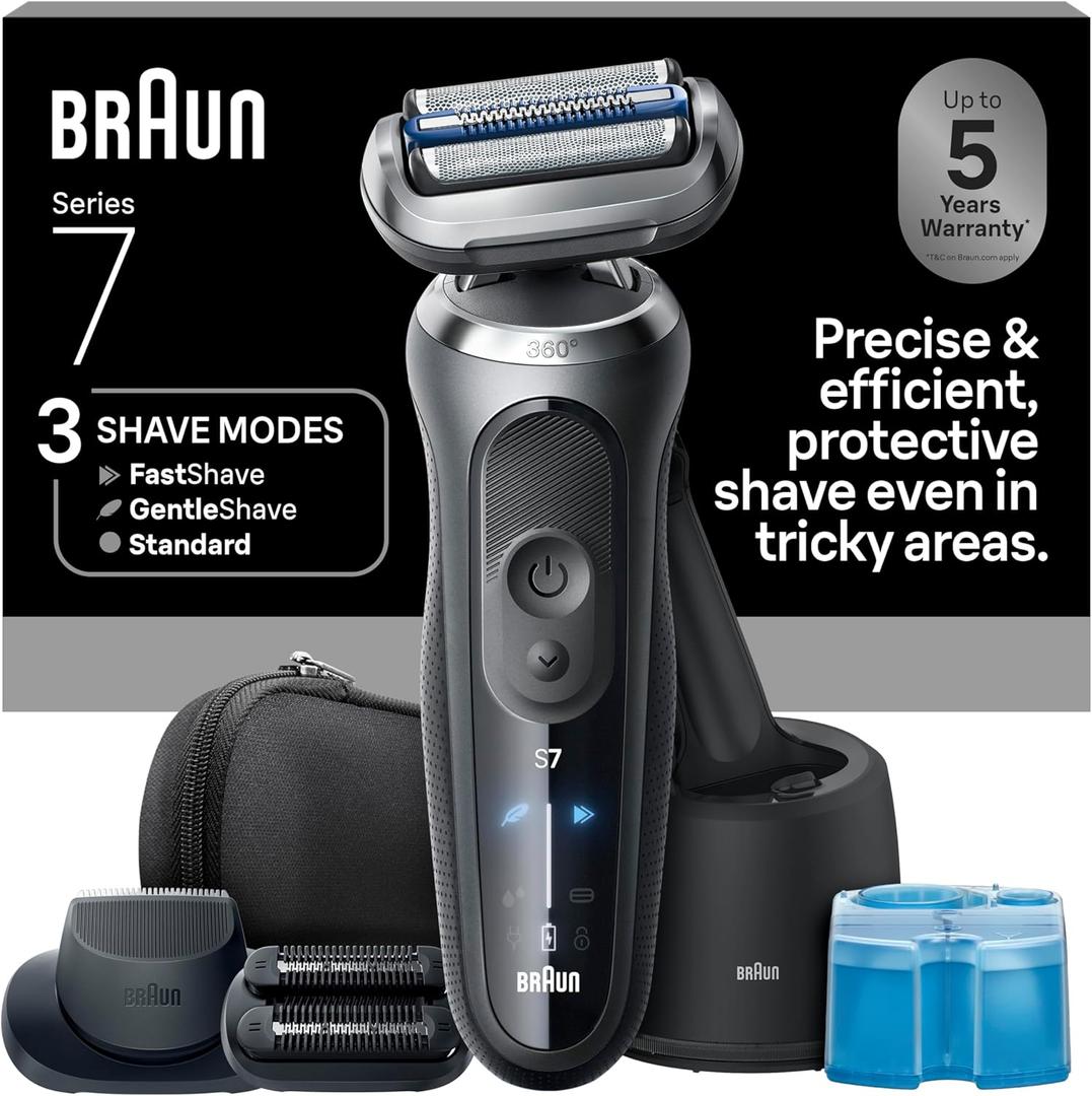 Braun Electric Shaver for Men, Series 7 7185cc, Waterproof, Wet & Dry Shave, Shaving Kit with SmartCare Center and Beard Trimmer, 3 Shave Modes, 60 Minute Battery Runtime, 10 Piece Set (Grey)