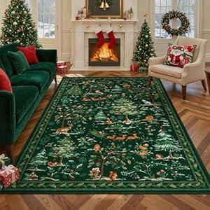 LIVEBOX Christmas 5x7 Green Area Rug for Living Room, Washable Rugs for Bedroom Dining Nursery Room Office, Low Pile Non Slip, Christmas Tree Santa Claus Print Holiday Carpet Home Décor(Green, 5'x7')