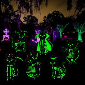 16.512.6 Halloween Black Cat Yard Decorations Glowing in The Dark, 6Pcs Spooky Halloween Skeleton Cat Signs for Outdoor Porch, Garden, Graveyard and Party, Waterproof and Durable Yard Stake