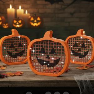 Geelin 3 Pcs Halloween Pumpkin Disco Decoration Wooden Glitter Mirror Pumpkin Table Centerpiece Tiered Tray Tabletop Sign Indoor Glitter Sign Mosaic Horror for Thanksgiving Day Kitchen Party Gift