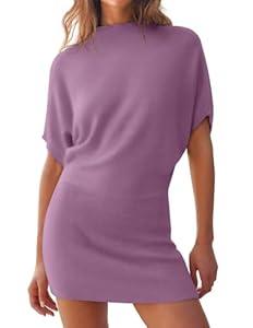 ZESICA Women's 2025 Summer Casual Mock Neck Bodycon Mini Dress Cap Sleeve Slim Fit Ribbed Knit Short Sweater Dresses, Purple, Small