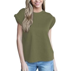 Women's Braided Detail Muscle Tee Cap Sleeve Tank Top Crew Neck T Shirts Loose Fit Basic Summer Casual Tee Tops Army Green XXL