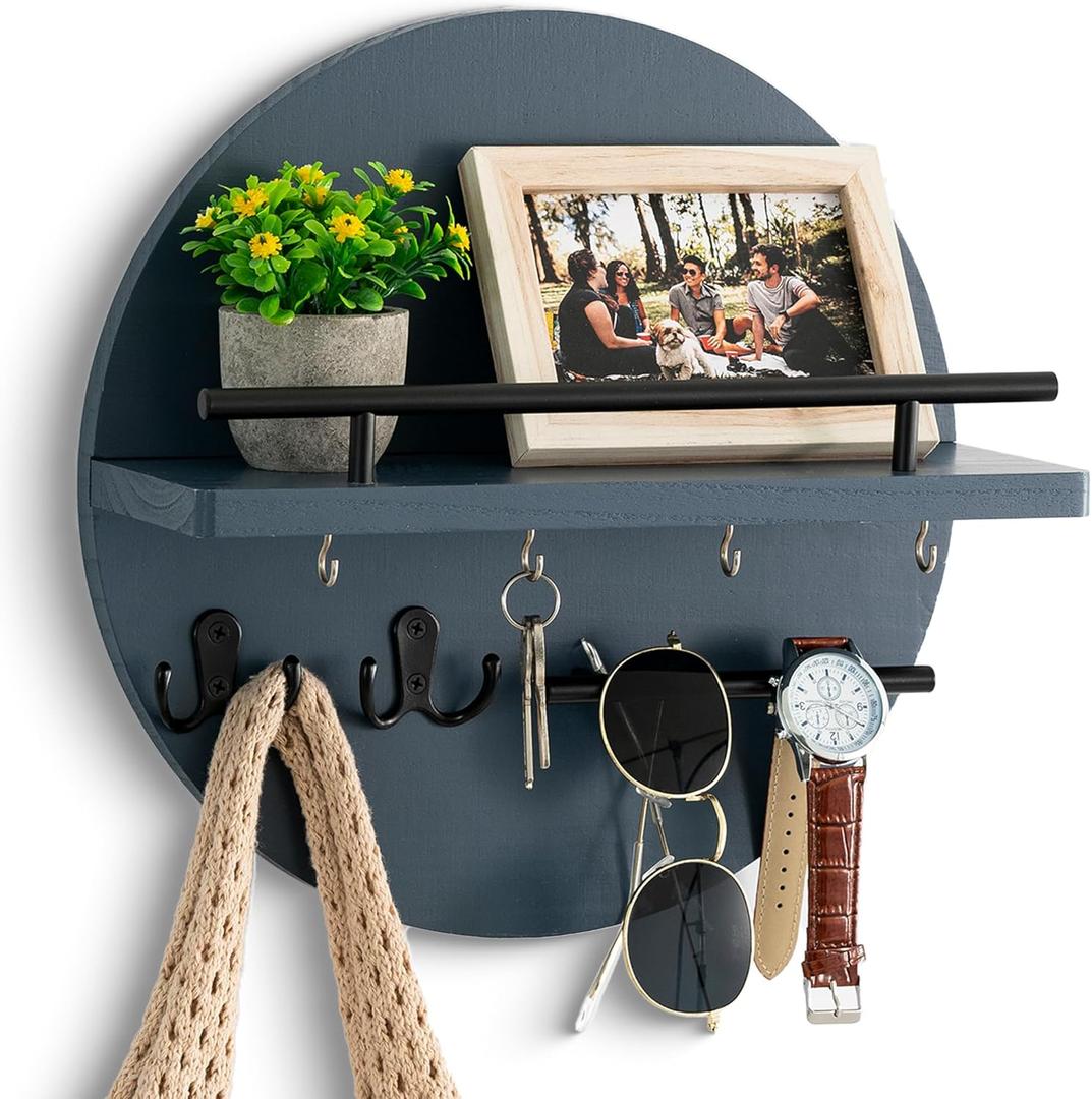 Dreampossible Key Holder for Wall Decorative with Shelf and Hooks, Mail Organizer Wall Mount with Sunglasses Holder, Circular Design Entryway Key Rack Hanger, Rustic Home Decor (Navy Blue)