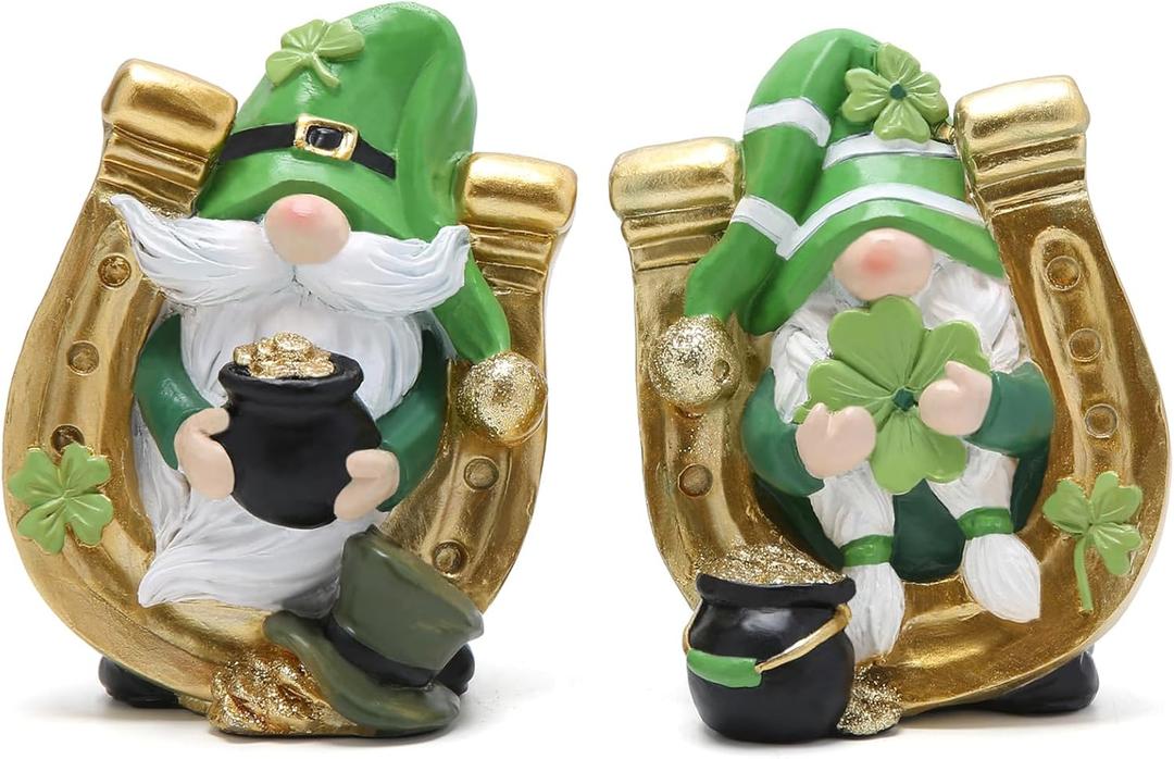 Hodao St Patricks Day Gnome Decorations, Lucky Clover Resin Figurines Set, Irish Holiday Tabletop Decor, Lucky Gnome Gift for Home Shelf Desk, Seasonal Gift Idea (Set of 2)