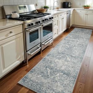 Washable 3x12 Runner Rug - Non-Slip Vintage Thin Rug for Entryway Low-Pile Medallion Long Rugs for Hallway Waterproof Traditional Runner Indoor Thin Rug for Kitchen (Blue)