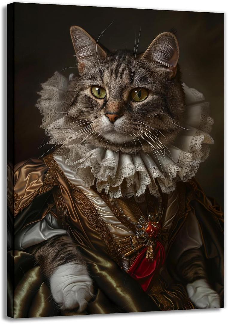 Animal Canvas Wall Art Funny Cat Poster Renaissance Royal Cat Portrait Picture Print for Living Room Bedroom Hallway Decor Framed(Artwork-3,16"x24")