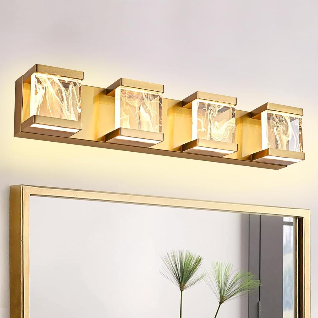 MELUCEE 4 Lights LED Bathroom Vanity Light with Unique Smoke Acrylic Panel, Modern Brass Vanity Light Bar Bathroom Light Fixtures Wall Sconce for Bath Powder Room Entryway, 20W 3000K Warm Lighting