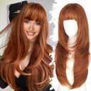 Long Ginger Wig with Bangs for Women,4x4 Realistic Scalp, Free Parting,Layered Hairstyle Synthetic Heat Resistant for Daily Party Use 26 inch, Ginger