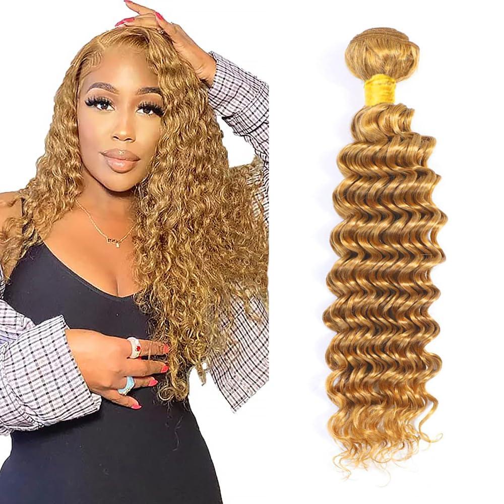 Deep Wave Bundles Human Hair 30 Inch Color #27 Honey Blonde Single Bundle Brazilian Virgin Human Hair Bundles Deep Wave 100g Per 1 Bundle Remy Hair Extensions For Black Woman