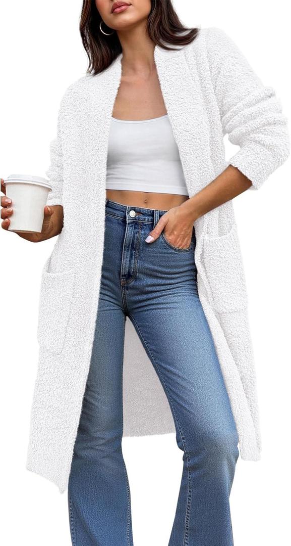 BTFBM Long Cardigans for Women Trendy Fall 2025 Open Front Long Sleeve Oversized Sweaters Casual Knit Winter Coats (X-Large, White)