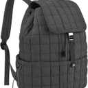 Structured Puffy Quilted Puffer Backpack, 7 Pockets & Tablet Compartment for Travel, Metal Buckle & Drawstring Closure, Black