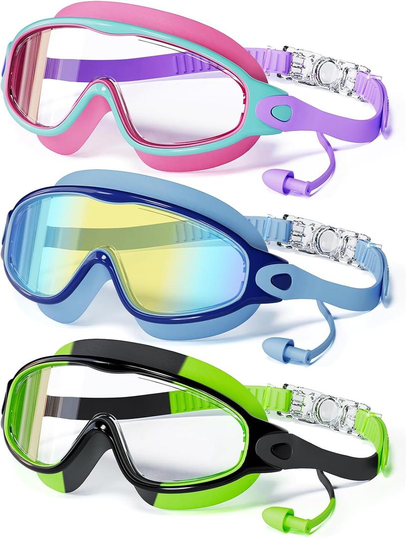 CMBJJU 3 Pack Swimming Goggles, Kid Goggles with Earplugs Large Frame Anti-Fog/UV Wide View Swim Goggles Boys Girls 6-14 (3PACK-Purple+Colorful Blue+Green-SG09)