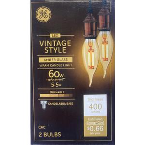 GE (2 Bulbs) Vintage Amber Glass LED Chandelier Bulb, Candelabra Base, 60 watt Equivalent, 400 lumens, Dimmable Decoractive LED Bulb