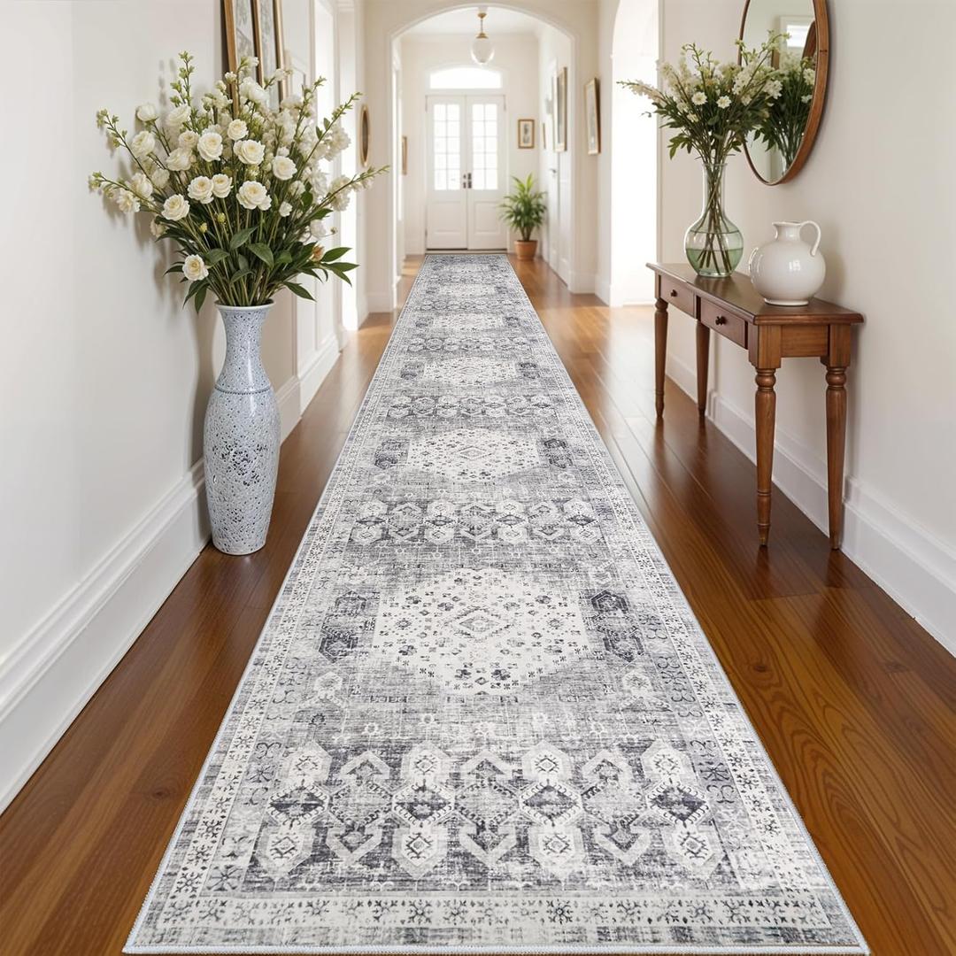 RUUGME 3x20 Washable Runner Rug - Extra Long Vintage Hallway Rugs with Non Slip Backing Soft Stain Resistant Carpet for Kitchen Bedroom Distressed Home Decor Floor Mat for Living Room 3x20 Grey