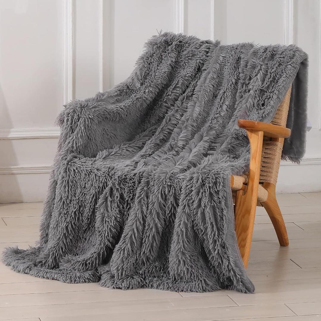 Tuddrom Decorative Extra Soft Faux Fur Throw Blanket 50"x60",Solid Lightweight Fuzzy Reversible Long Hair Shaggy Blanket,Fluffy Cozy Plush Mink Fleece Comfy Microfiber Blanket for Couch Sofa Bed, Grey (Gray)