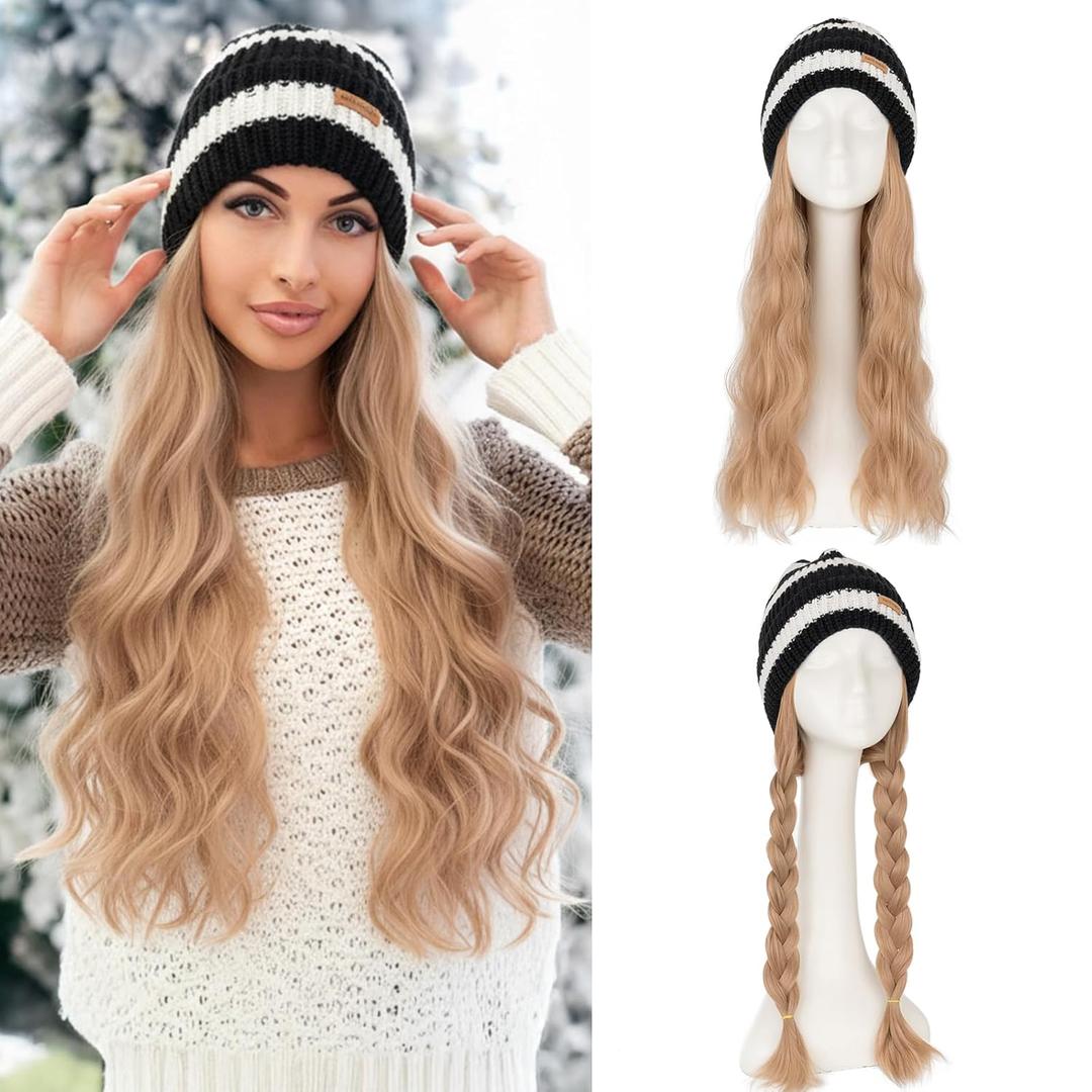 Benehair Beanie Wig Hair Extensions, Knitted Hats with Synthetic Water Wave Wig Hairpieces for Women Winter, 18 Inch Long Wavy Blonde Mixed Hair with Black & White Stripe Beanie