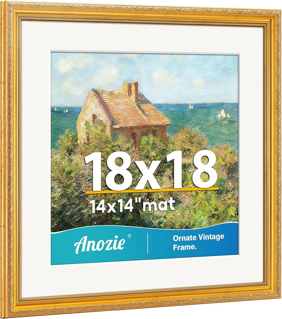 Vintage 18x18 Frame, Antique Gold Photo Frames with Plexiglass Front,Ornate Square 18x18 Picture Frame Display 14x14 with Mat or 18 x 18 Frame Without, Wall Dcor,1 Pack,Gold