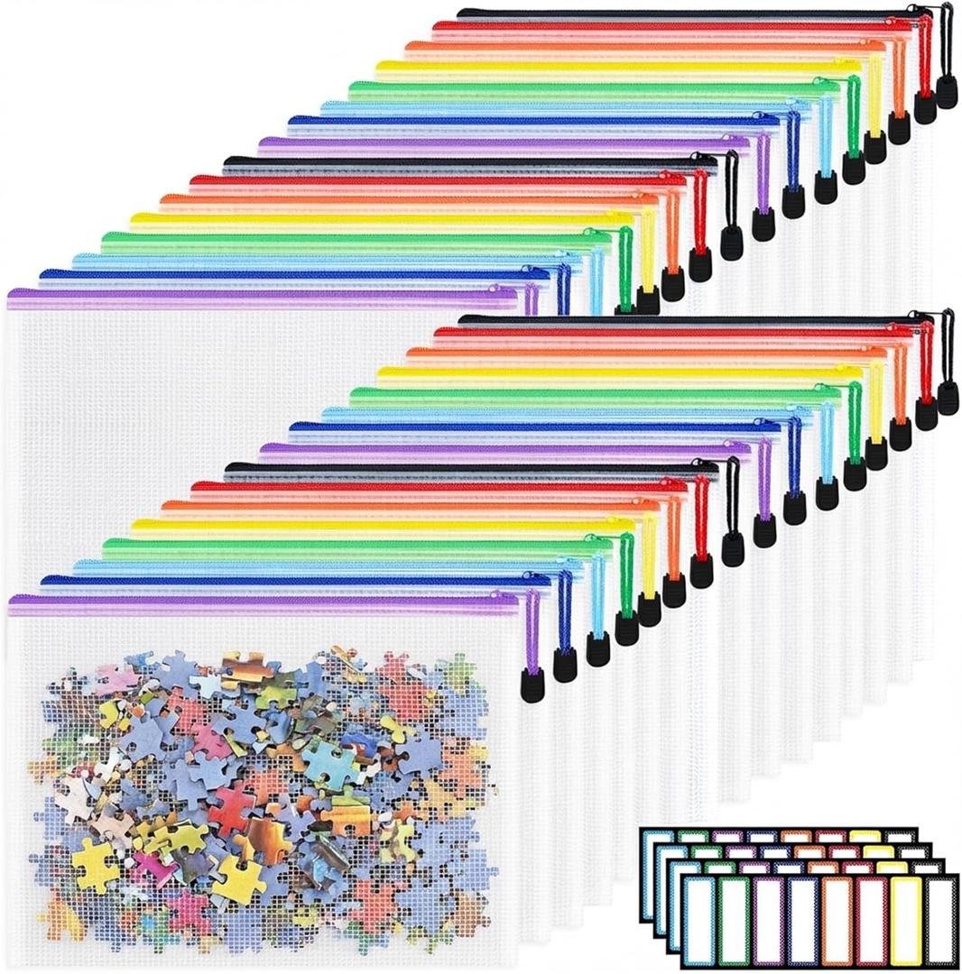 EOOUT 32pcs A4 Zipper Pouch Bags, Mesh Pouch Bags with Labels for Board Games & Puzzles Supplies, Waterproof Document Zipper Cases for School Toys Office Cosmetics Travel Storage,8 Colors