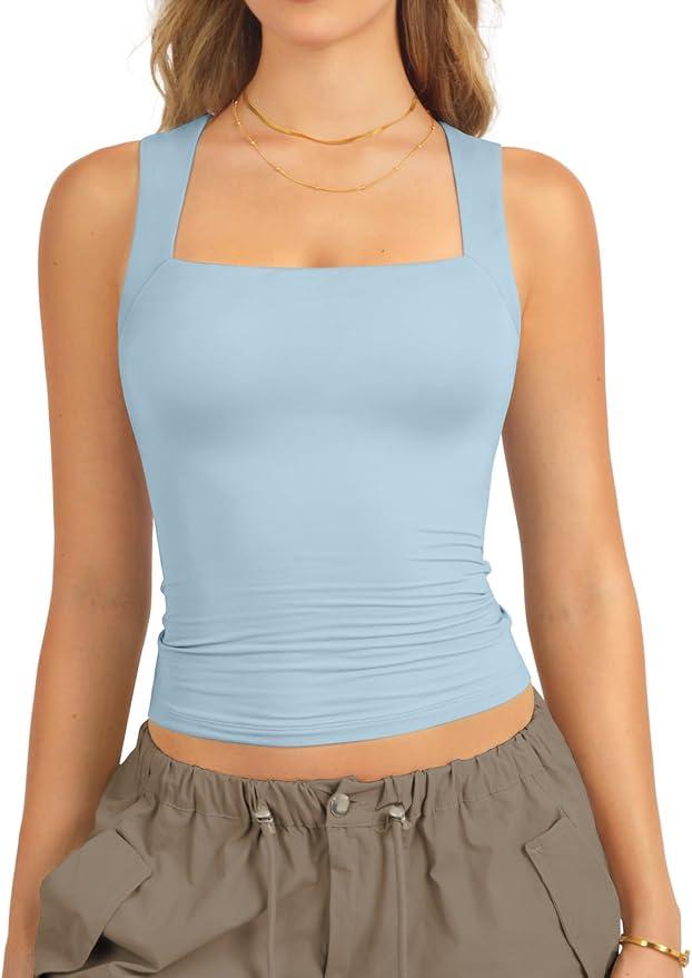 ATHMILE Tank Tops for Women Square Neck Sleeveless Double-Layer Tank Tops Basic Tight T Shirts, L