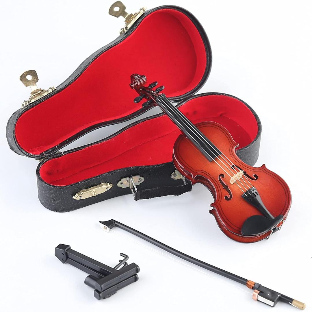 Wooden Miniature Violin with Stand, Bow and Case Mini Musical Instrument Violin Replica Collectible Figurines Dollhouse Accessories Model Home Decoration Display Ornament (5.63"x2.05"x0.75")