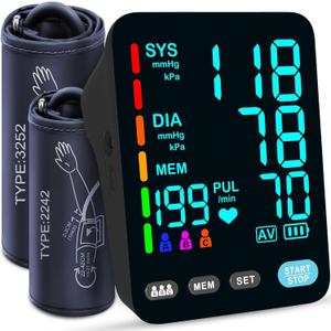 Blood Pressure Monitor, Automatic Upper Arm Blood Pressure Monitors for Home Use, 2 Blood Pressure Machine Cuff(9-17in & 13-21in) with Large LED Backlit Display, 3x199 Reading Memory Users Black