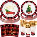 UAREHIBY 175 PCS Christmas Plates and Napkins Party Set, Christmas Paper Plates Disposable Serve 25 Guests, Xmas Plate Dinnerware, Xmas Dessert Plate Cups Napkins Knives Forks Spoons