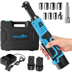 FULLYEA 3/8" Cordless Ratchet Wrench Set, 40 Ft-lbs, 550 RPM, 16.8V Electric Ratchet, Extended Power Ratchet Tool Kit with Variable Speed, 2 * 2.0Ah Battery, 1/4" Adapter & 3" Extension Bar(Blue)