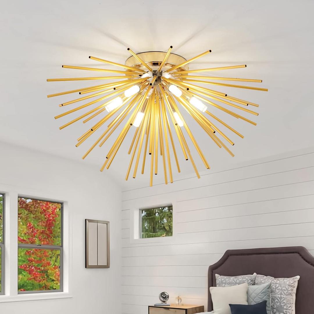Sputnik Flush Mount Ceiling Light Fixture, 6-Light Gold Firework Ceiling Lights, 19.6" Modern Chandeliers Close to Ceiling Lamp for Bedroom Kitchen Hallway Entryway, G9 Socket