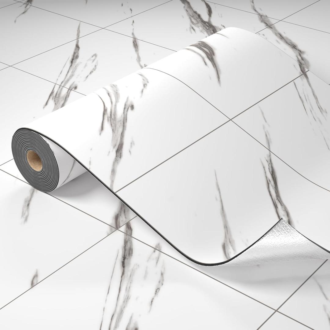 Oxdigi Vinyl Floor Tiles Peel and Stick Thicken Self Adhesive Vinyl Flooring Roll Marble Pattern Waterproof DIY Floor Coverings for Bathroom Living Room Kitchen, White Marble