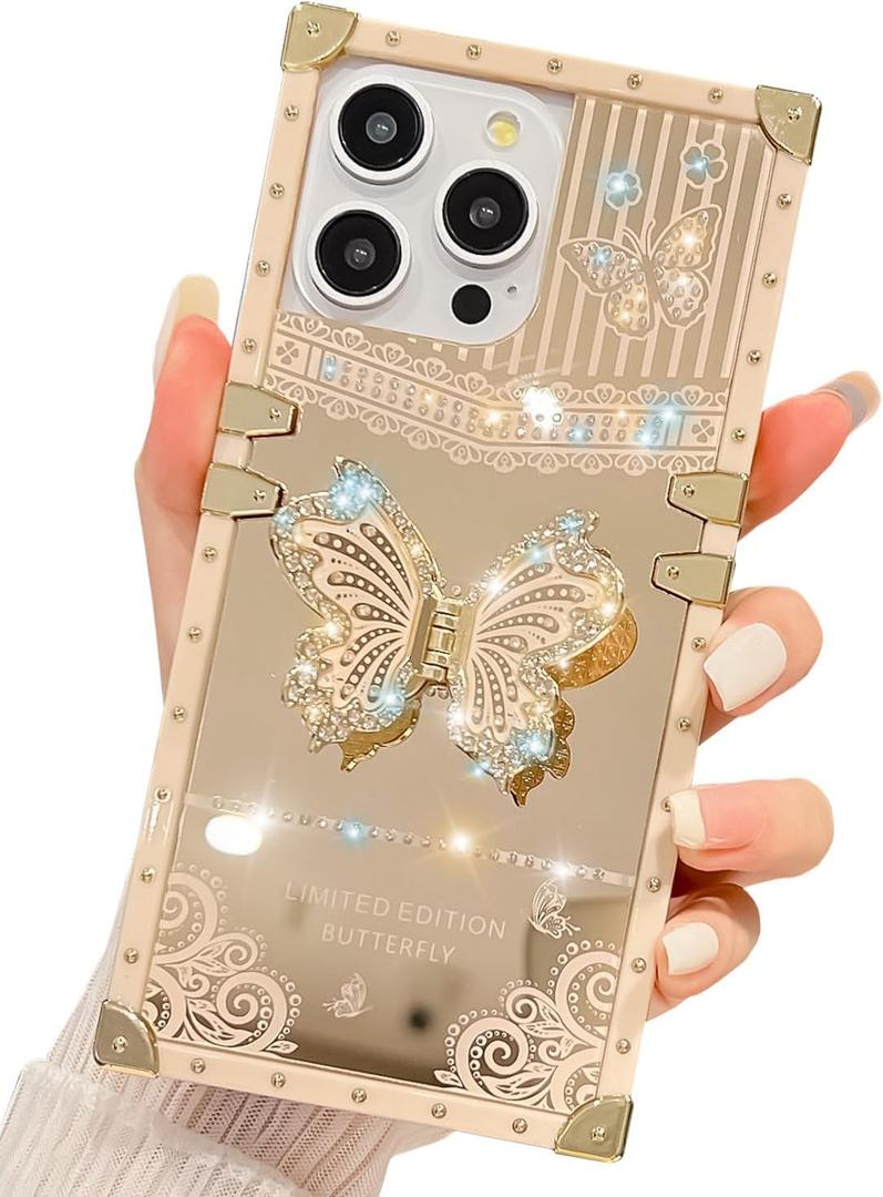 Cute Compatible with iPhone 13 Pro Max Case, Luxury Bling Butterfly Design with Foldable Stand Kickstand for Women & Girls, Glossy Mirror Shockproof Protective Case 6.7 (Gold)