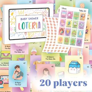 Baby Shower Games - Baby Shower Loteria for Girls and Boys, Bilingual Activities for Kids Ideas, Funny Party Bingo Game Loteria Cards in Spanish and English for 20 Players