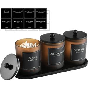 3 Pack Qtip Holder Bathroom Set,Cotton Ball Swab Pad Holder Cotton Round Floss Pick Dispenser with Tray,Glass Apothecary Jars with Lids,Bathroom Organizers and Storage Canisters-Amber