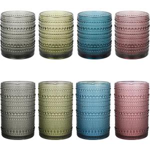 Vintage Hobnail Drinking Glasses Set of 8,Colored 12 oz & 15oz Highball Glass Cups, Kitchen Drinkware Glassware,Embossed Water Tumbler,for Beer,Cocktail,Whiskey,Juice and Various Mixed Drinks