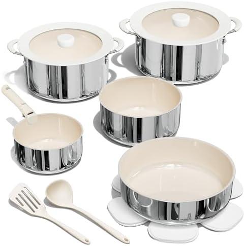 CAROTE 14pcs Pots and Pans Set Non Stick, Ceramic/ Stainless Steel Cookware Set with Detachable Handle, Induction Cooking Sets, Dishwasher/ Oven Safe, RV Kitchen, Cream White