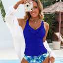 Womens Elegant Tankini Set Modest Tummy Control Ruffle Tank Top High Waisted Bottom (Blue, L)