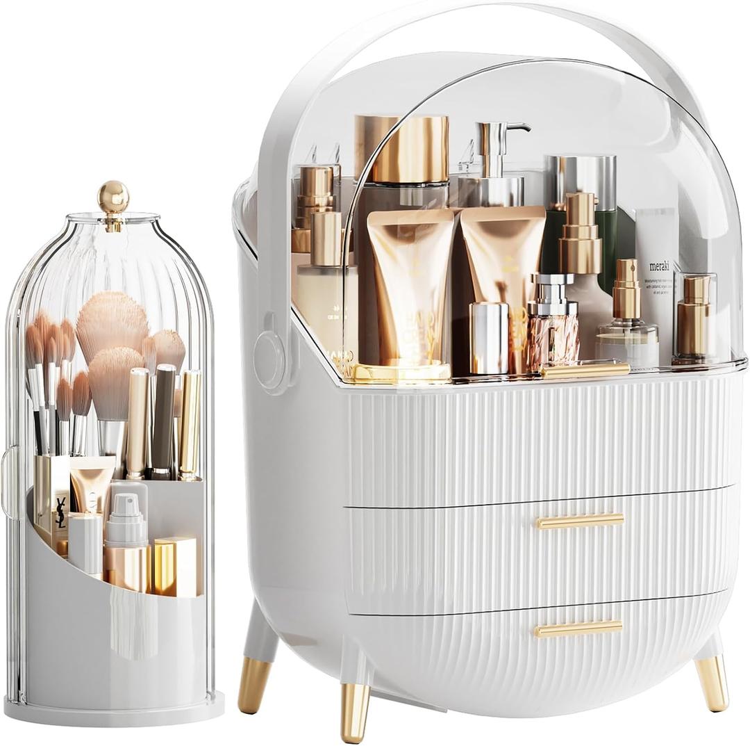 Makeup Organizers Countertop, Makeup organization for Vanity, Cosmetic Storage with Lid and Drawers, Skincare Display Cases with for Desktop, Bathroom (White)