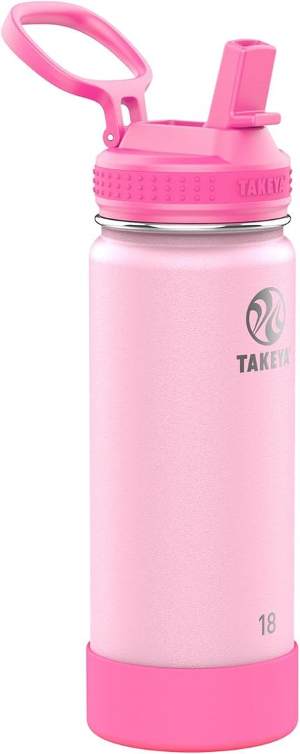 Takeya Actives Kids Water Bottle 18 oz Stainless Steel Double Wall Insulation BPA-Free Leakproof Straw Lid Easy Carry Handle Reusable Ideal for Boys and Girls, School, Sports - Summer Glow Pink