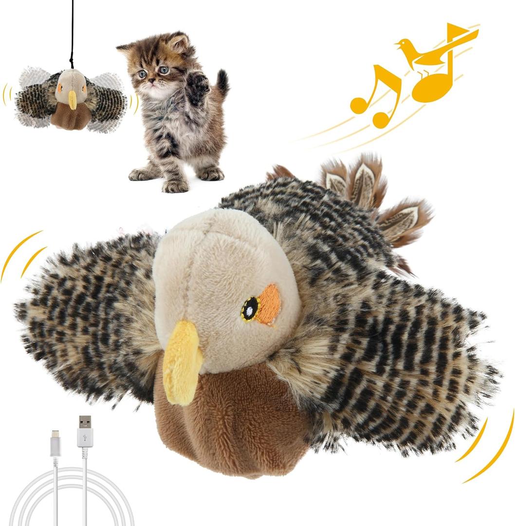 Gigwi Flapping Bird Cat Toy, Hangable Flying Bird Cat Toys for Indoor Cats, Interactive Motion Activated Chirping Cat Toy, Automatic Beating Wings with Catnip