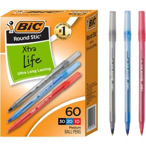 BIC Round Stic Xtra Life Assorted Ink Ballpoint Pens, Medium Point (1.0mm), 60-Count Pack of Bulk Pens, Flexible Round Barrel for Comfortable Writing, No. 1 Selling Ballpoint Pens