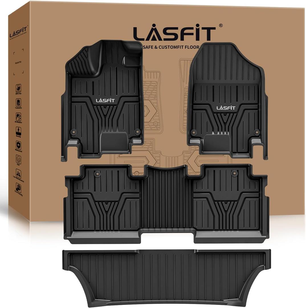 LASFIT Floor Mats for Honda Odyssey 2026 2025 2024 2023 2022 2021 2020 2019 2018 Mini Passenger Van, All Weather TPE Car Liners,1st & 2nd & 3rd Row Only (Excludes Trunk Mat), Black