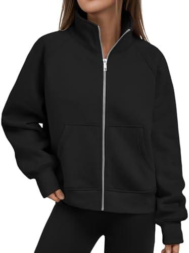 Trendy Queen Womens Sweatshirts Zip Up Hoodies Cropped Crewneck Pullover Casual Jackets Y2k Clothes Fall Fashion Outfits 2025, Black, Size S