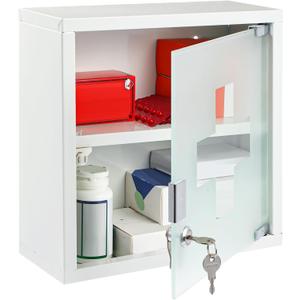 Timgle First Aid Wall Cabinet with Lock Medicine Wall Mounted Bathroom Storage Hanging Medical Cabinet with Safety Glass Door for Bathroom(2 Shelves,White)